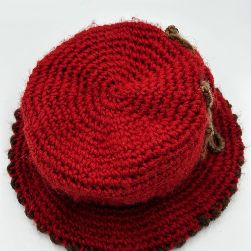 Crochet Red/Brown Knit Cloche Bucket Hat Women Winter Beanies Cap w flower Lined - Picture 5 of 10